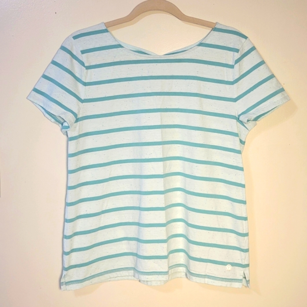 T by Talbots (Women's L) Cotton blend Striped Pastel Green Keyhole Back Top Tee